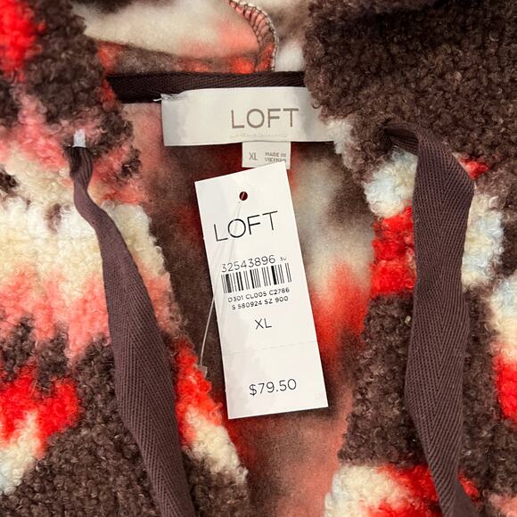 NWT LOFT Chocolate Brown, Red, Pink & Cream Sunburst Sherpa Hoodie - Picture 9 of 10